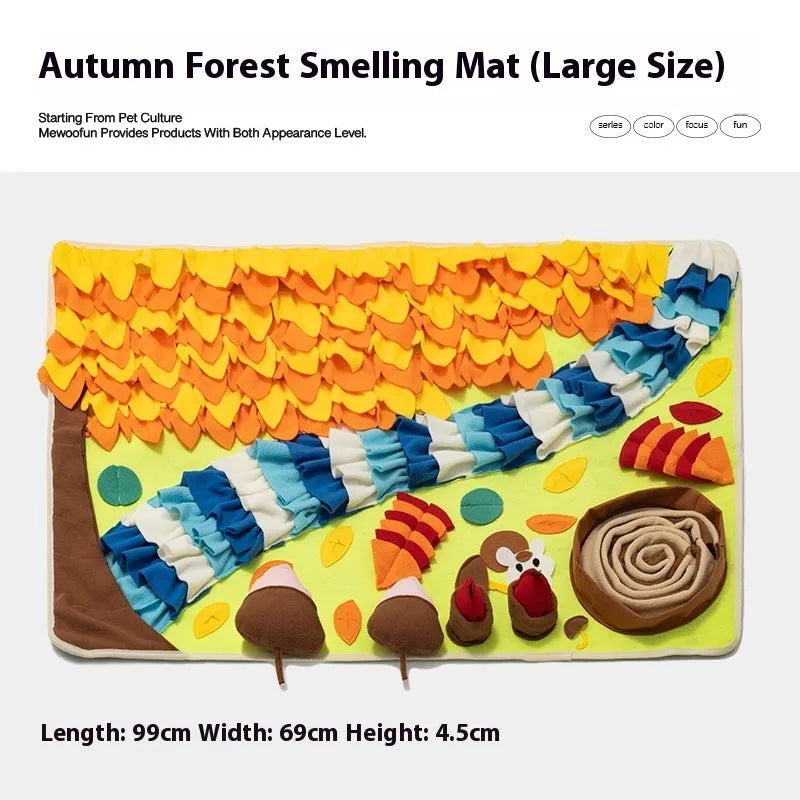 Dog sniffing mat with printed Garden Camping theme pattern, a plastic fabric puzzle toy for hiding treats.