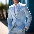 Blue and white button men's British style suit jacket with straight hem and double button front.