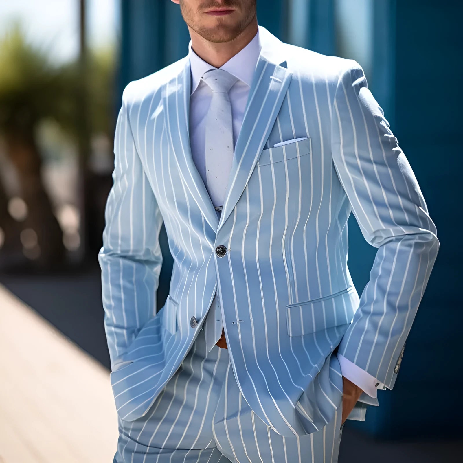 Blue and white button men's British style suit jacket with straight hem and double button front.