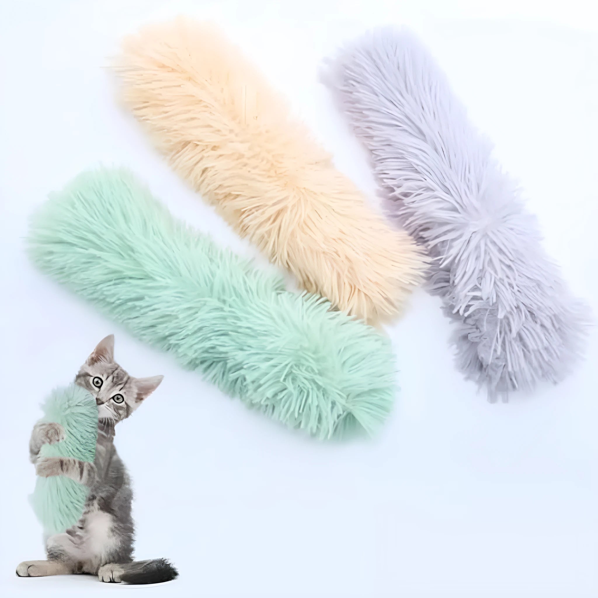 Set of four colourful plush cat toys with catnip and crinkle sound for indoor play.