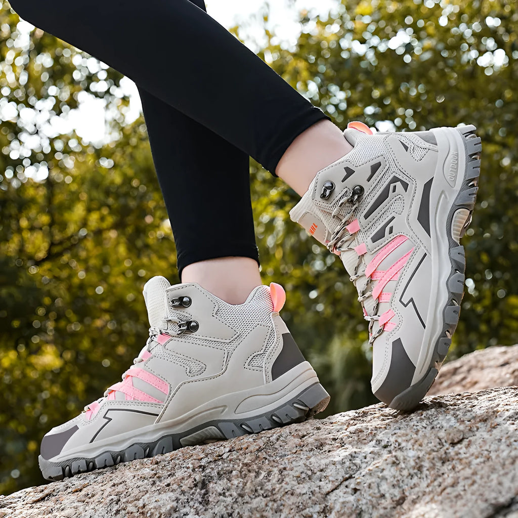 Low top hiking sneakers with rubber sole and flannel upper in black gray light brown pink or purple for mountain climbing