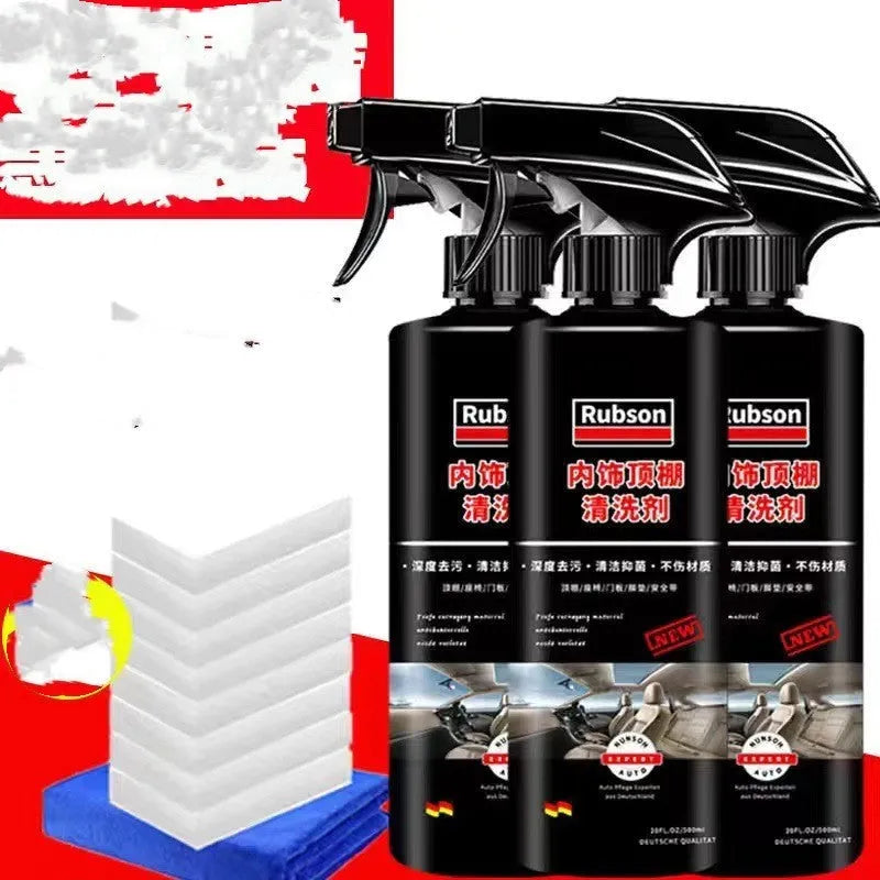 Wash-free fabric roof foam cleaner bottle with microfibre towel and sponge wipes for car interior cleaning.