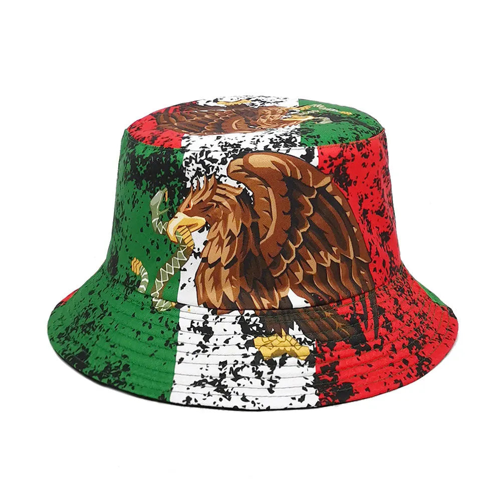 Eagle pattern retro bucket hat with dome crown on a neutral background.