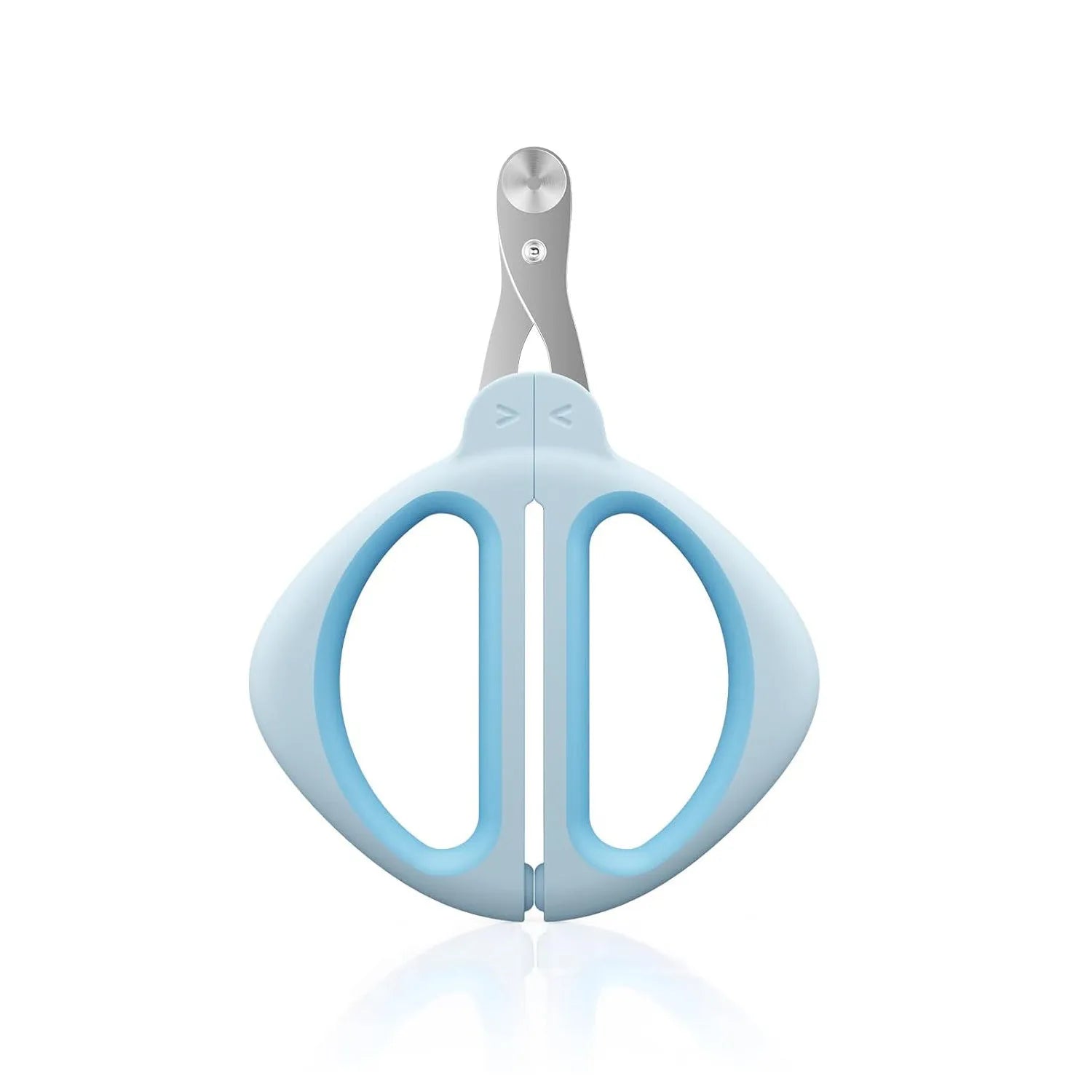 Blue cat nail clipper with a round positioning hole and non-slip handle on a white background.