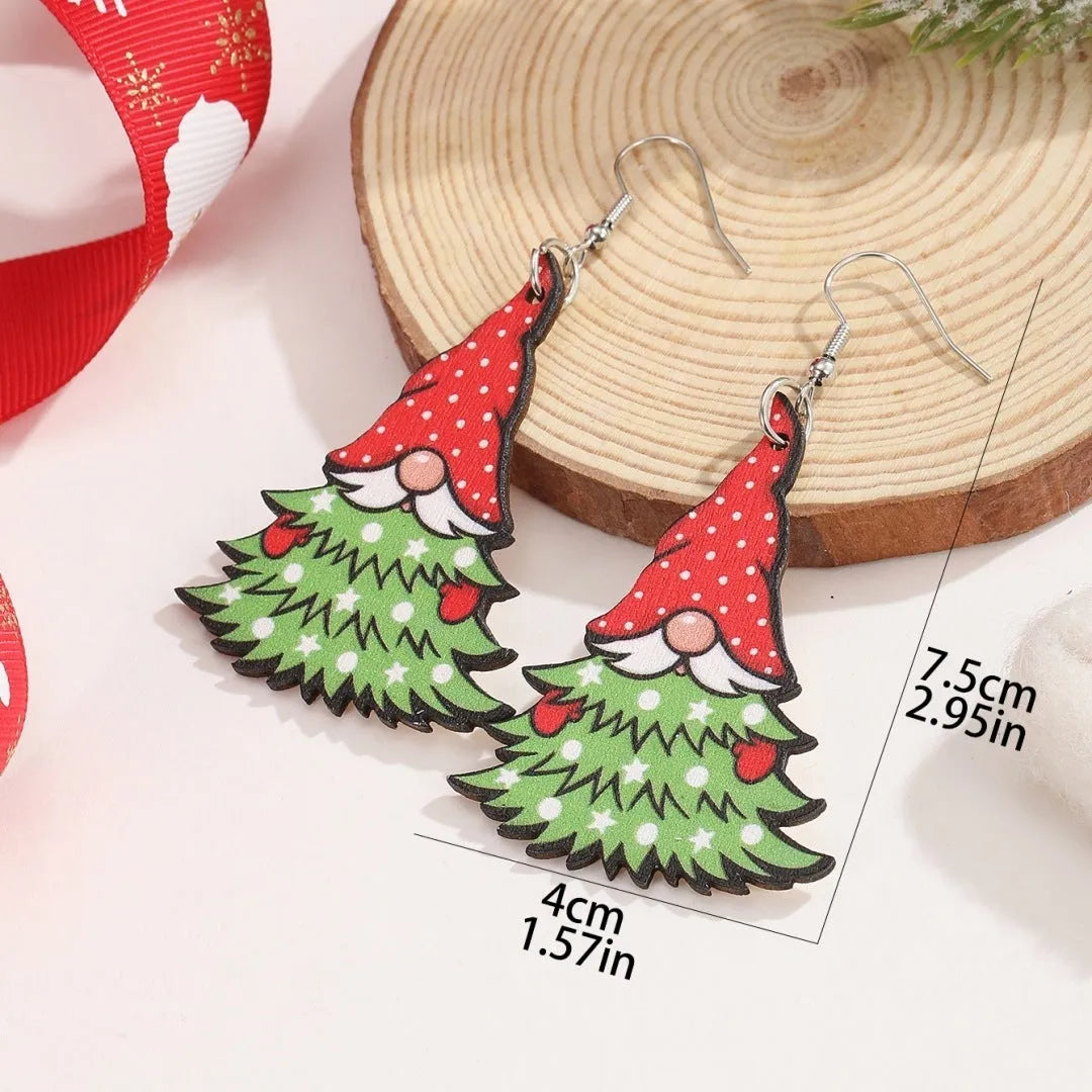 Wooden Christmas earrings with printed Santa Claus designs in Christmas Tree and Snowman styles