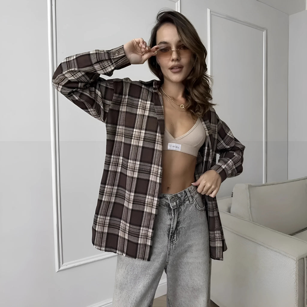 Women's dark brown retro stripe shirt with collaged stitching and long sleeves