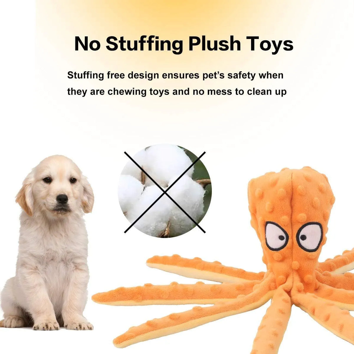 Blue octopus-shaped dog plush toy with squeaker and crinkle sounds, measuring 32 cm long.
