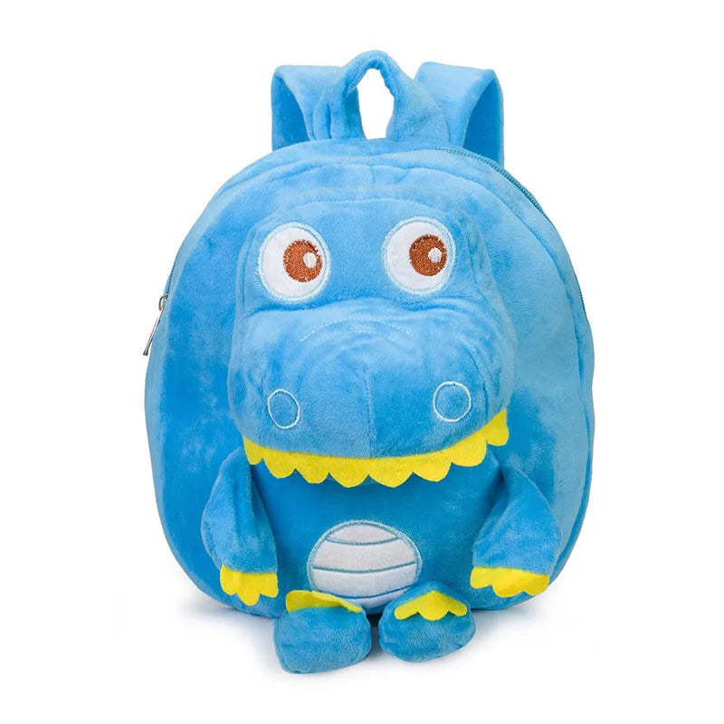 Blue dinosaur plush backpack with embroidery details and soft handle