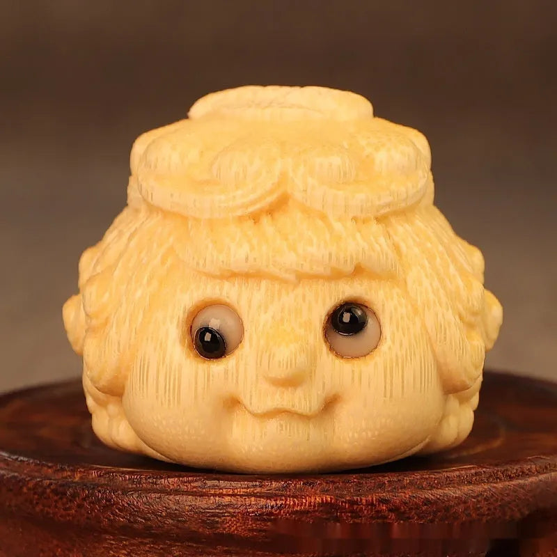 Solid bamboo carving of Golden Toad Princess figurine, cute style ornament for Children's Day