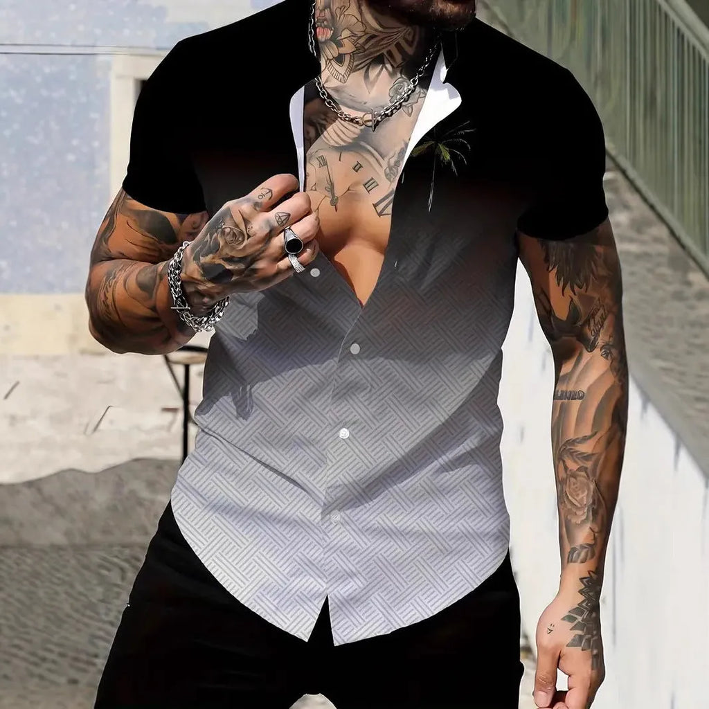 Men's geometric line print short sleeve shirt in slim fit with lapel collar
