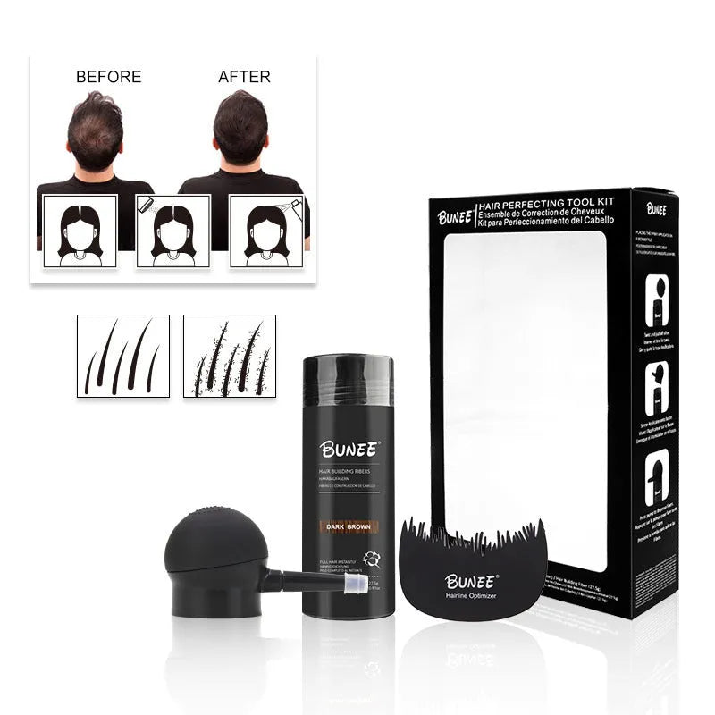 Boxed three-piece keratin hair fibre powder set for thinning hair, showing multiple natural colour shades.