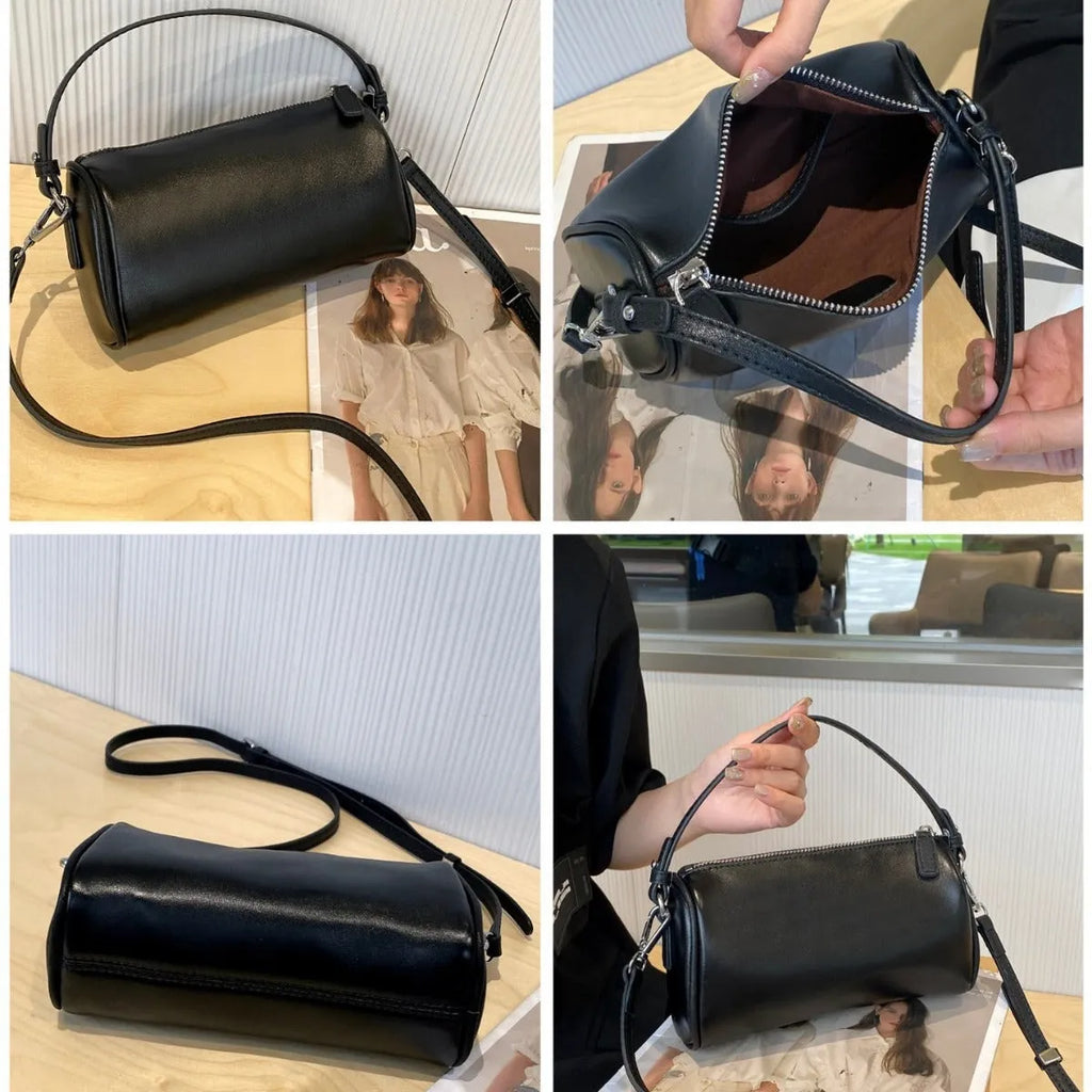 Men's cylindrical leather crossbody phone bag in black, shown with visible stitching and shoulder strap