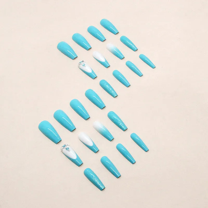 Z689 Smart Blue Diamond long ballet style nail patches with glue for ladies