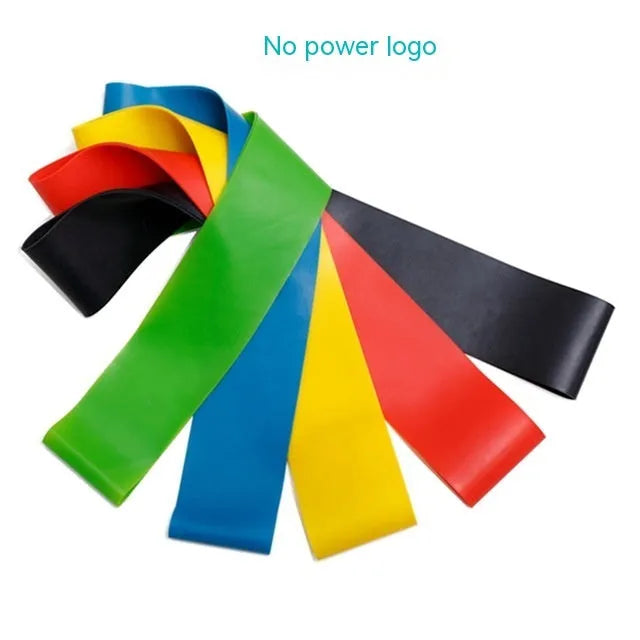 Set of five colour-coded yoga resistance straps with force marks and five plain TPE straps.