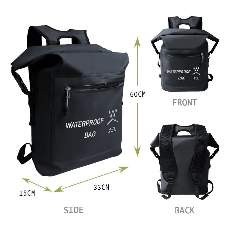 Black 25L outdoor waterproof backpack for swimming and river tracing