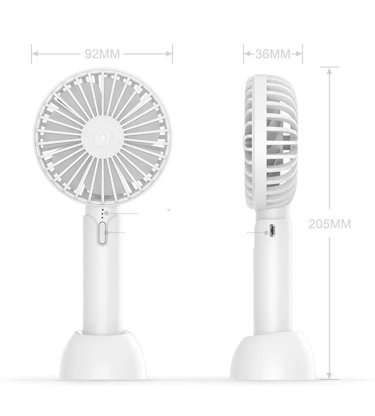 Blue handheld mini electric fan with USB cable, three speed buttons, and shaking head function