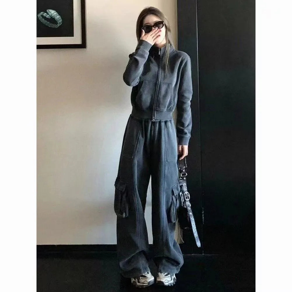 Women's two piece tracksuit set in dark gray or brown, polyester top and trousers with splicing detail