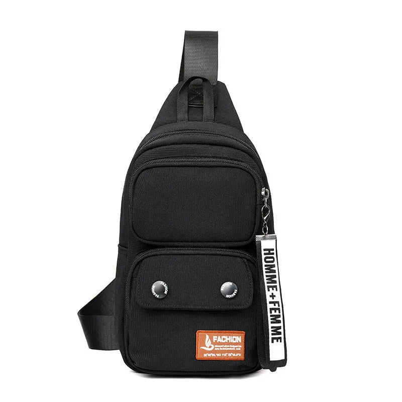 Outdoor nylon crossbody shoulder bag with letter pattern in black, beige contrast, or light brown contrast colour.
