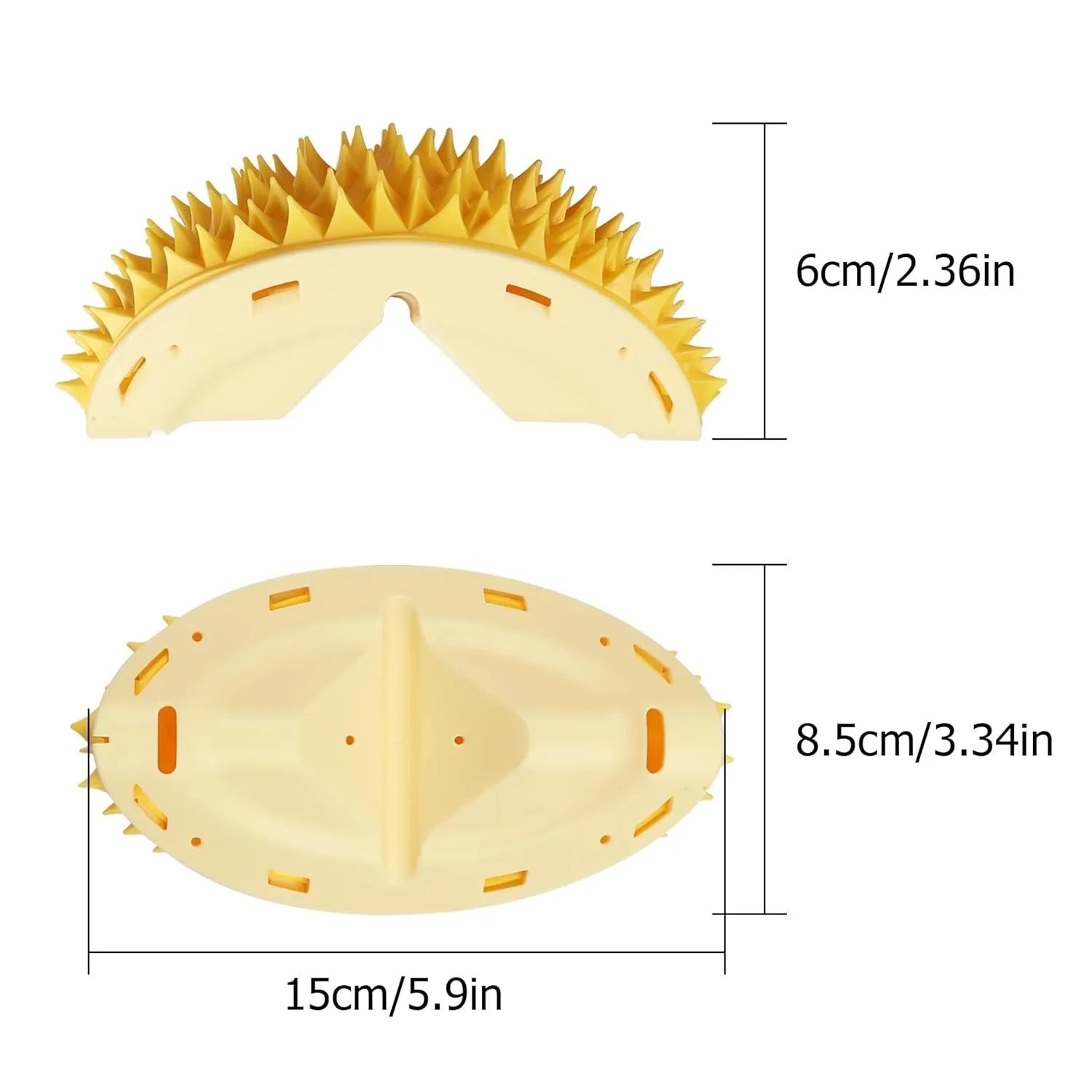 Yellow durian-shaped cat corner scratcher with massage comb and catnip powder