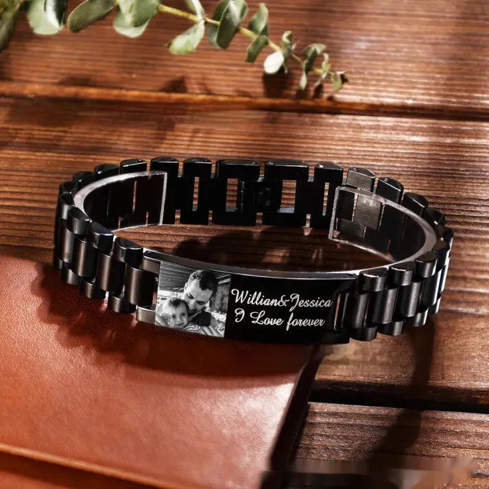Titanium steel men's bracelet with curved heart design and engraved lettering options