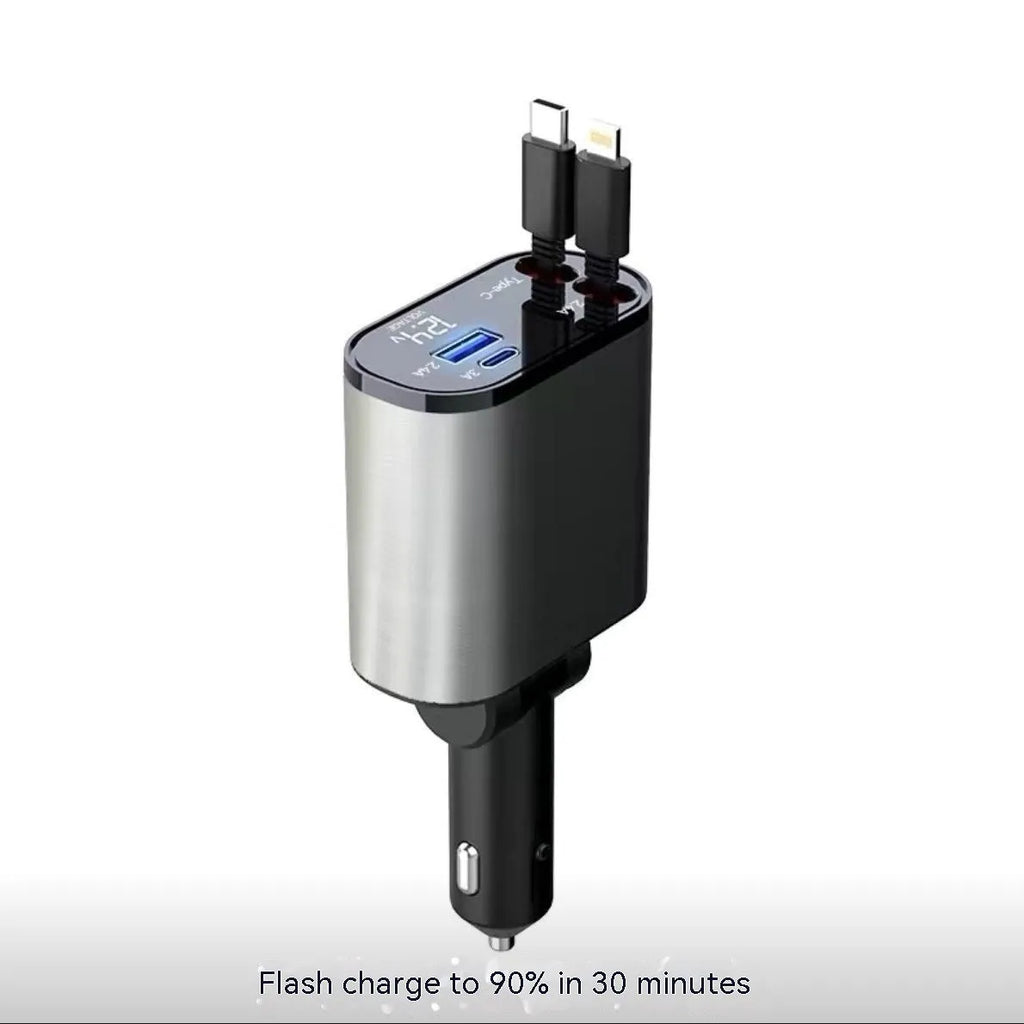 Black automatic retractable car charger with USB ports for Apple and Huawei devices