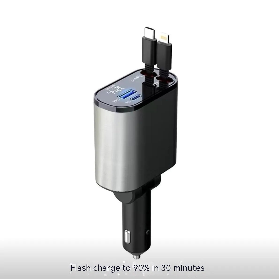 Black automatic retractable car charger with USB ports for Apple and Huawei devices