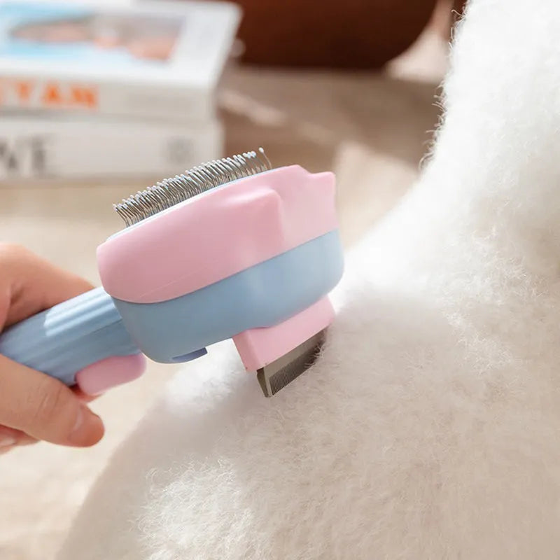 Blue double-sided pet grooming brush showing deshedding rake and dematting comb sides