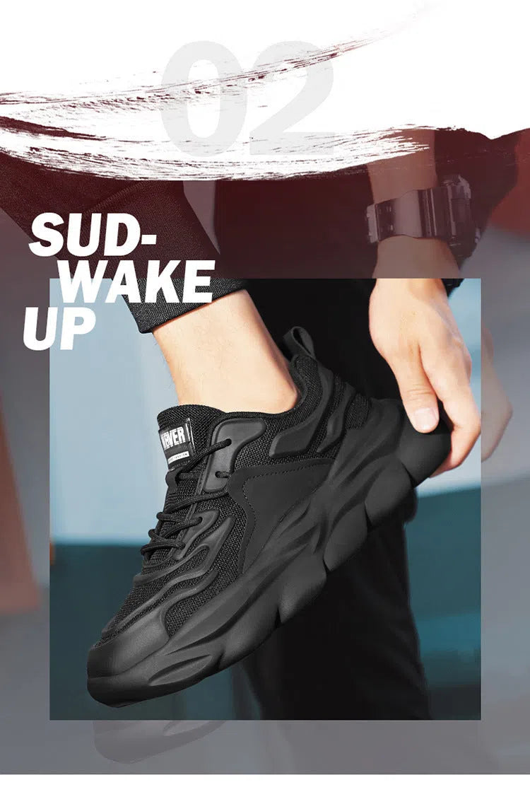 Men's black or white mesh sneakers with thick sole and synthetic PU upper, sizes 39-44