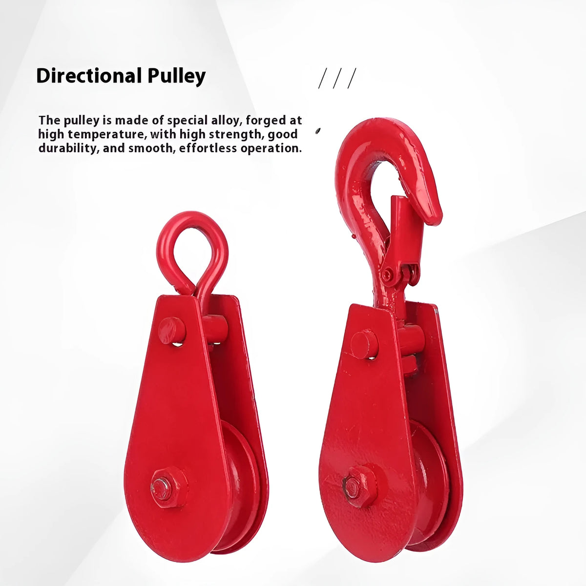 A small red industrial lifting pulley with a forged steel hook and safety latch.