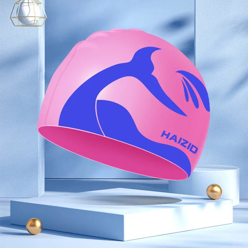 Silicone swim cap with whale tail pattern and waterproof ear protectors in four colour options