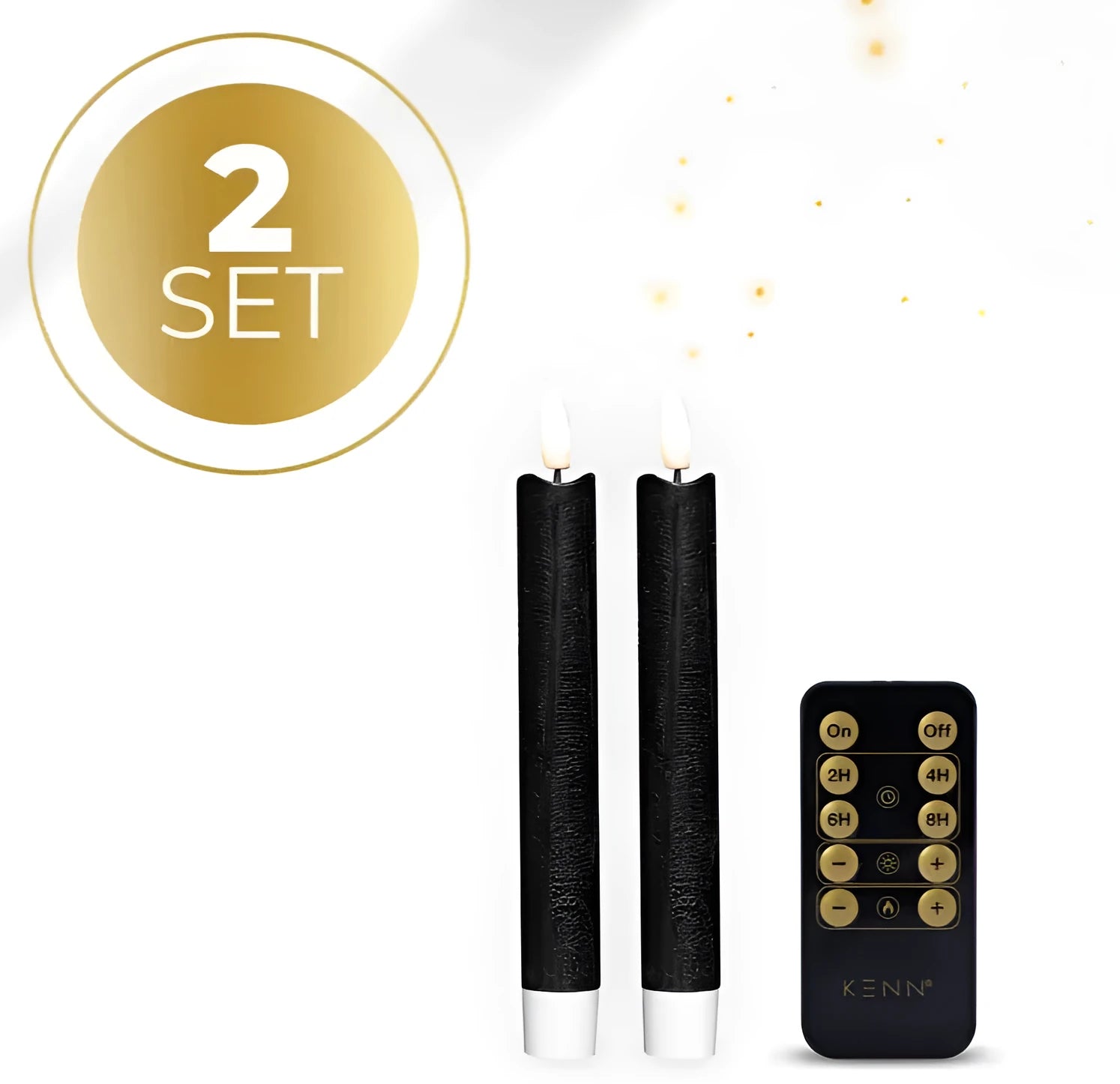 A black S2 3D Flame LED Taper Candle standing upright, showing its realistic flickering light effect and 18cm taper shape.