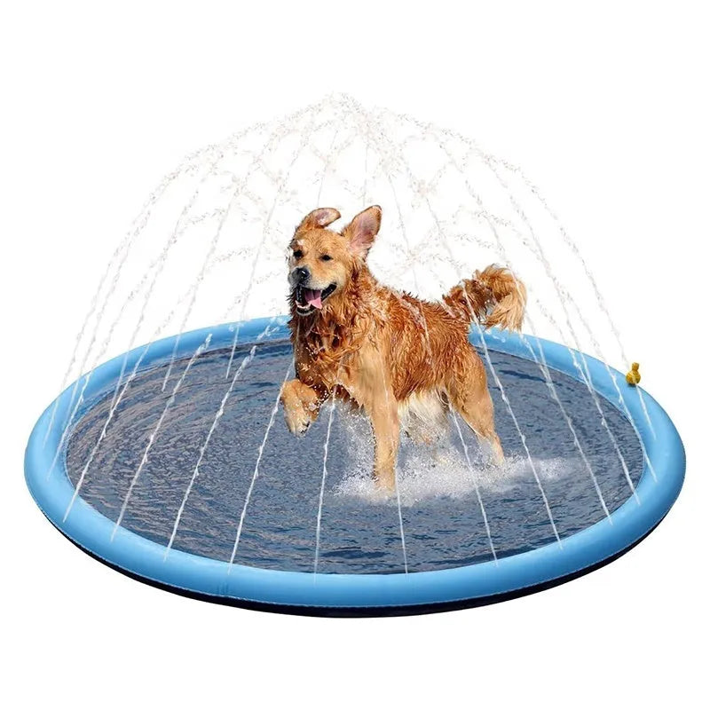 Inflatable blue dog pool mat with anti-slip surface, showing three size options: 100cm, 150cm, and 170cm diameter.