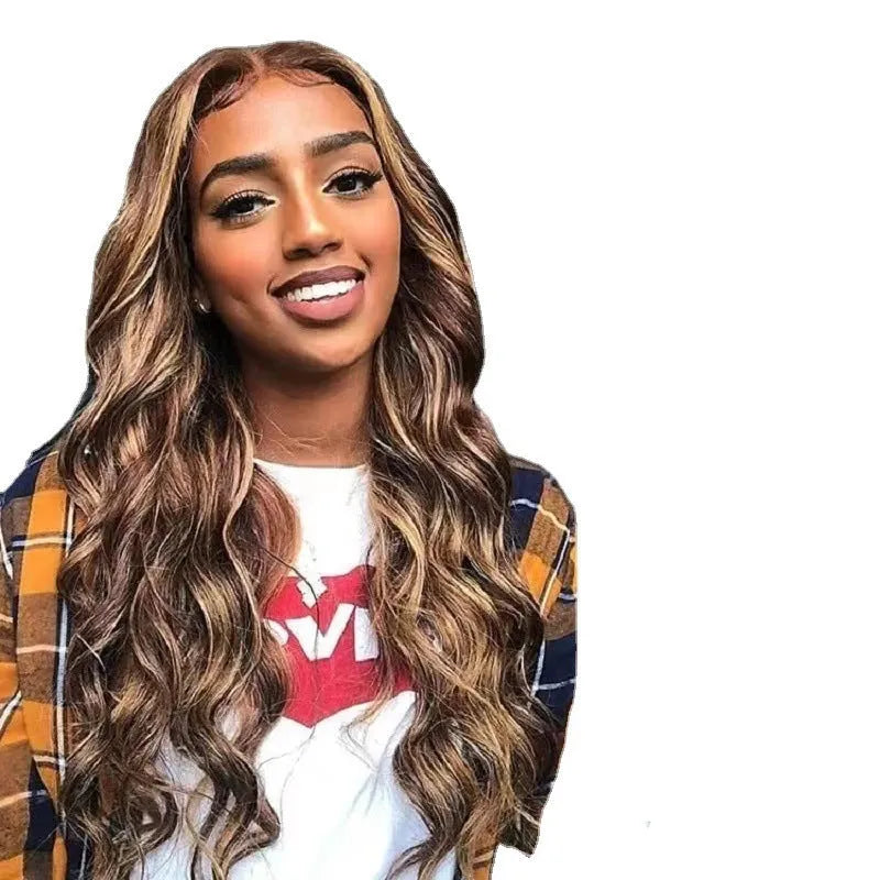 Front lace wig with African Black gradient colour and big wave, long curly synthetic hair.