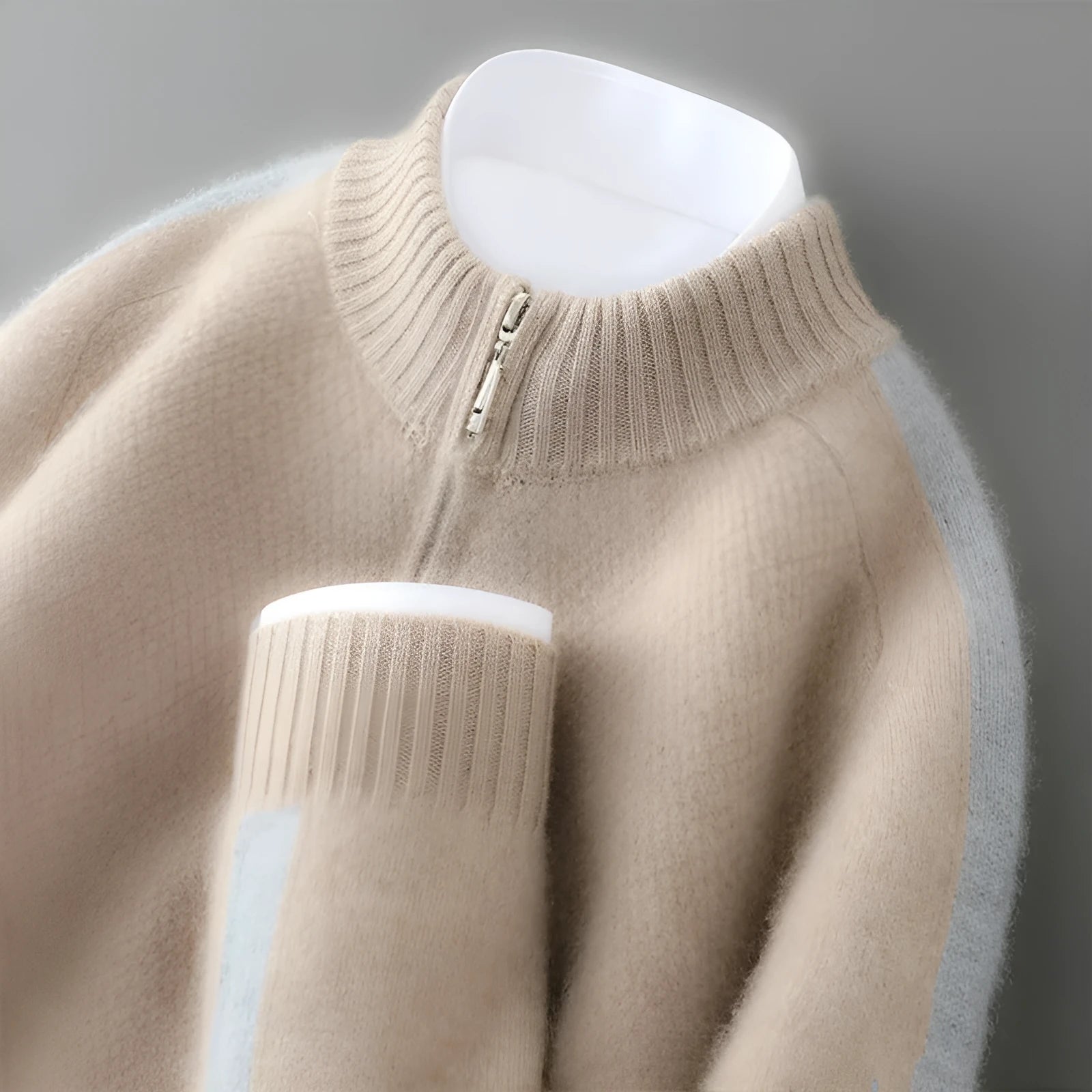 Half-zip wool sweater in slim fit with round neck, shown in one of four colours: Chinese Red, Grey, Pea Green, or Raw Velvet Camel