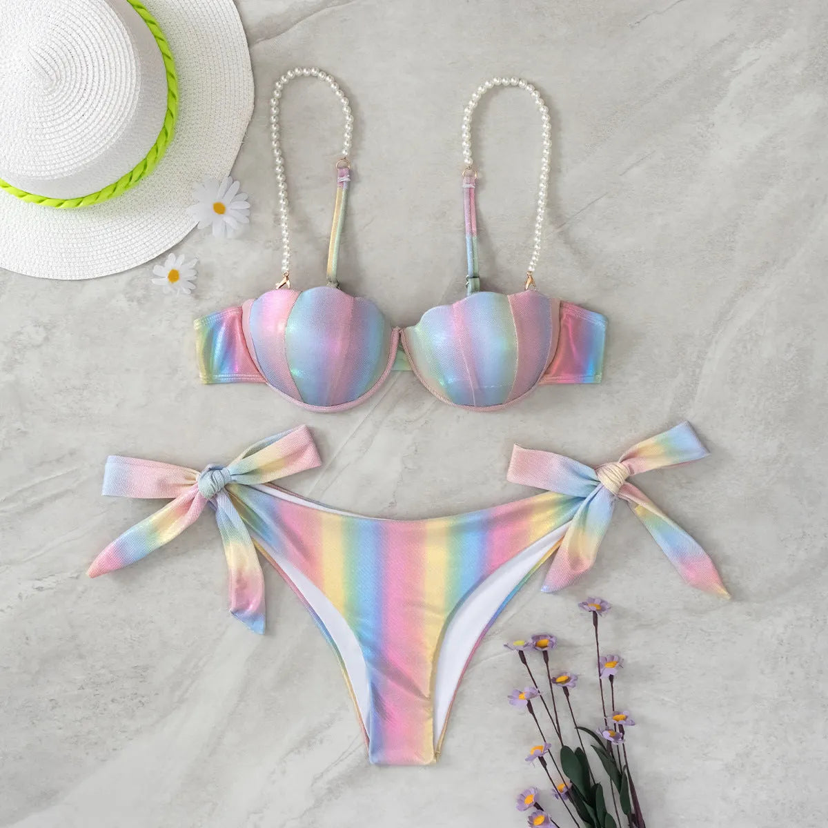 Women's shell rainbow bikini swimsuit with split tied design for swimming sports