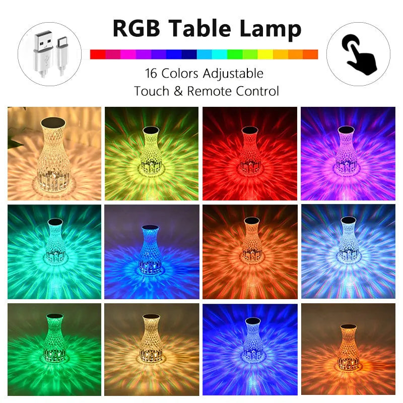 Transparent vase-shaped crystal LED table lamp with multi-colour lights on a wooden table.