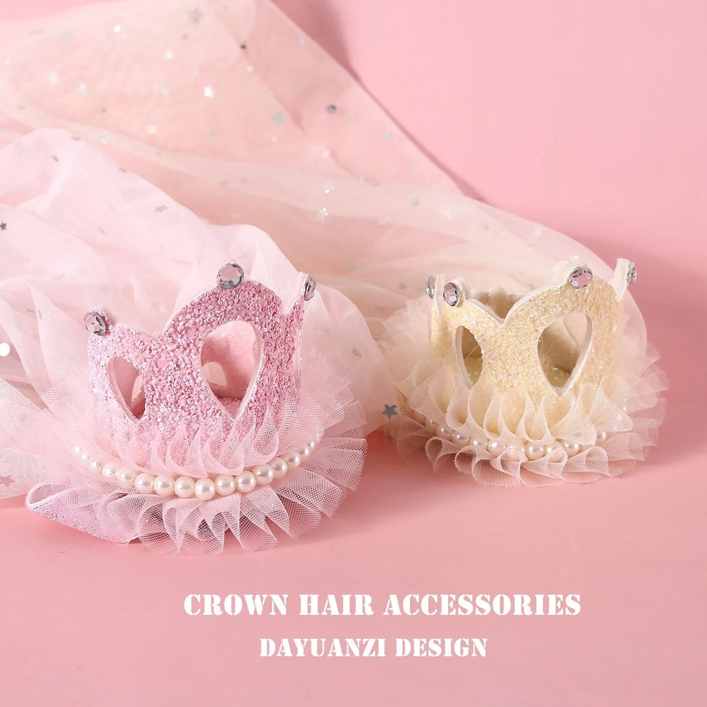 Beige and pink pet princess crown veil headdress accessory for cats and dogs.