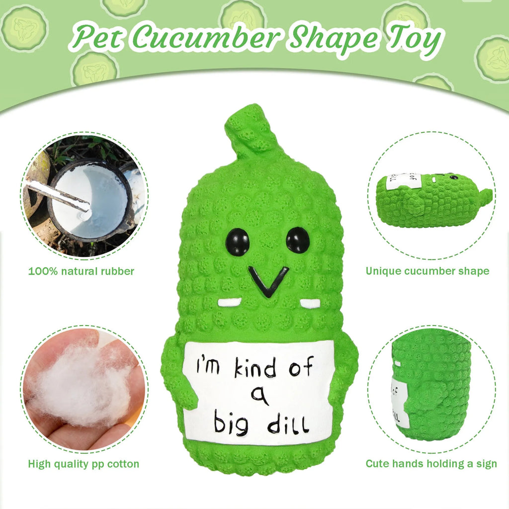 Green latex pickle shaped dog toy with textured surface and squeaker for teething puppies