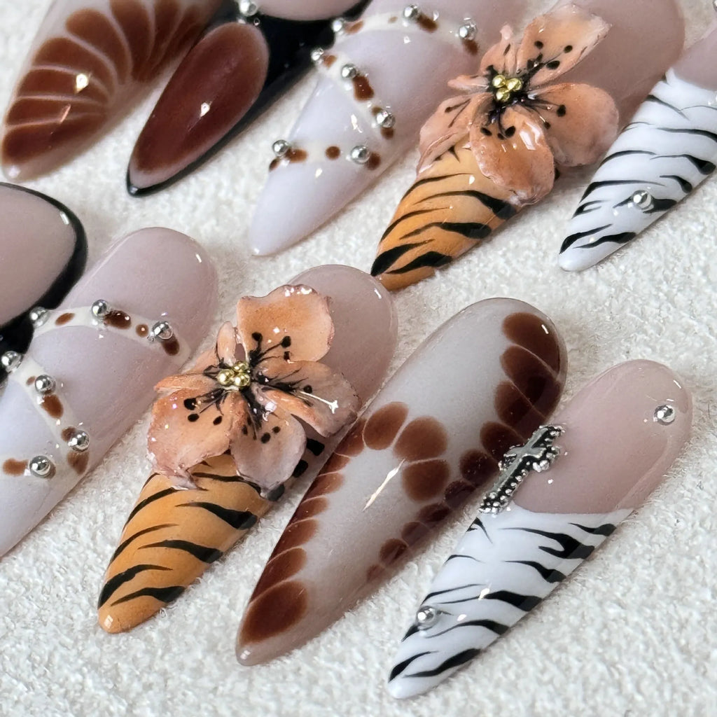 Handmade French style leopard print nail armour stickers with floral cross patterns in four sizes