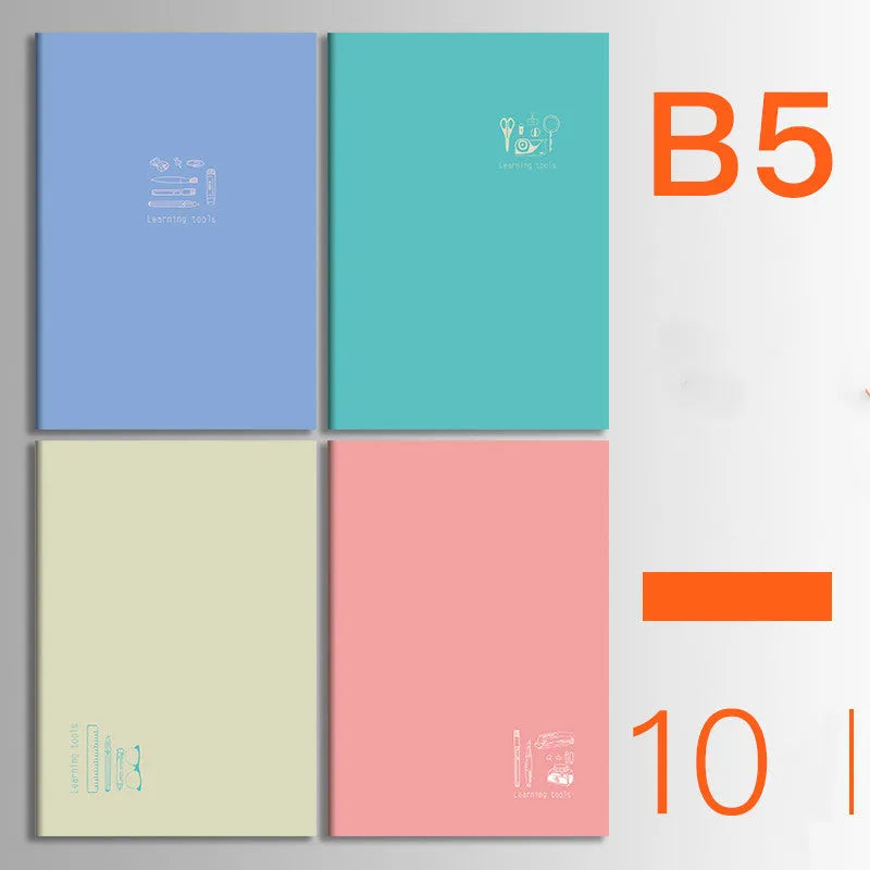 Ten soft cover kraft paper notebooks with thread binding in A5 and B5 sizes showing multiple design styles
