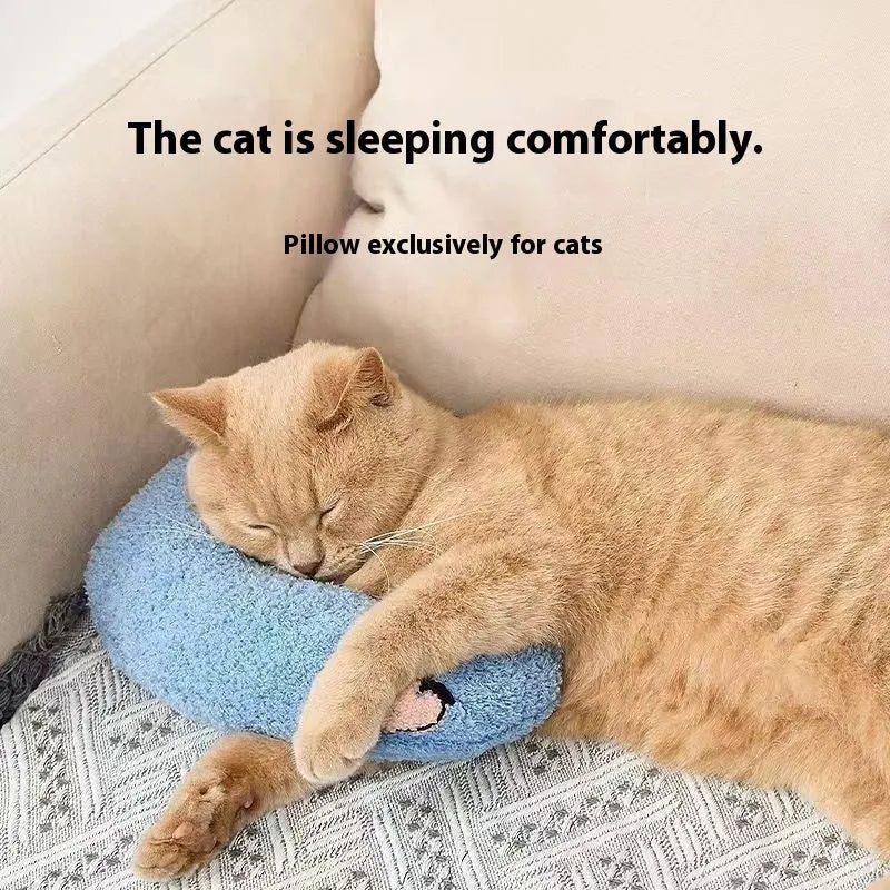 Blue cloth cat sleeping mat in a question mark shape with a U-shaped neck support pillow edge.