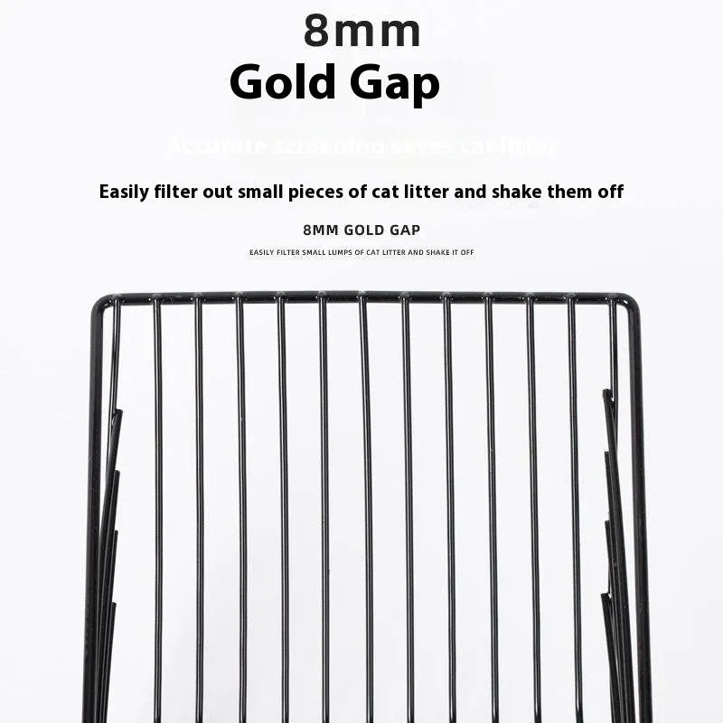 Black metal cat litter scoop with 0.8cm gap between tines for sifting