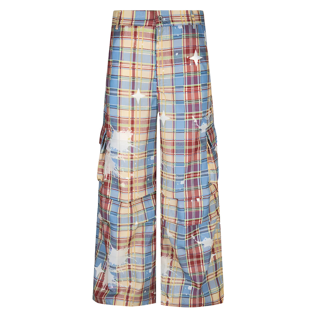 Men's blue retro plaid overalls with straight leg design and mid waist