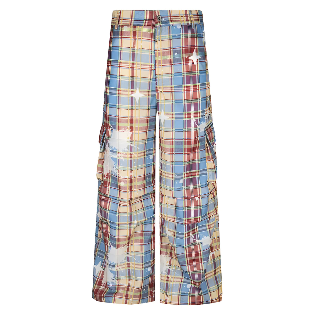 Men's blue retro plaid overalls with straight leg design and mid waist