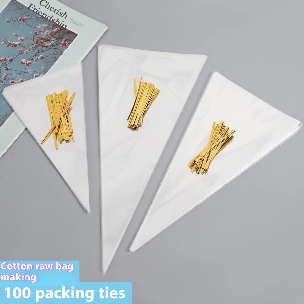 Clear triangle-shaped plastic packaging bag with a twisted wire tie closure.