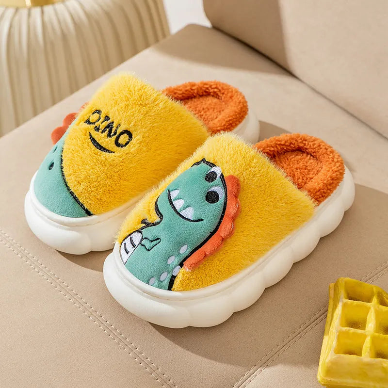 Pair of plush dinosaur-patterned slippers for couples, shown in grey, coffee, and orange colour options.