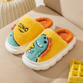 Pair of plush dinosaur-patterned slippers for couples, shown in grey, coffee, and orange colour options.