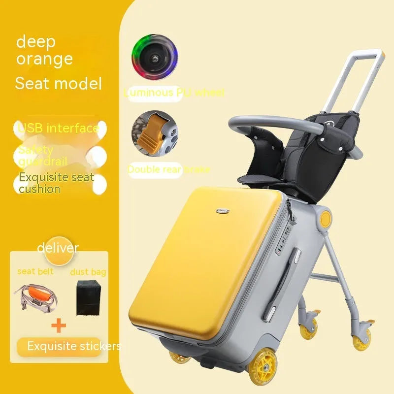 20-inch children's ride-on suitcase in blue with guardrail, cushion, brake, universal wheels, and PC shell.