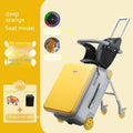 20-inch children's ride-on suitcase in blue with guardrail, cushion, brake, universal wheels, and PC shell.