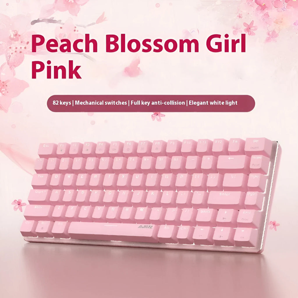 Pink and white 82-key mechanical keyboard with metal frame and white backlighting